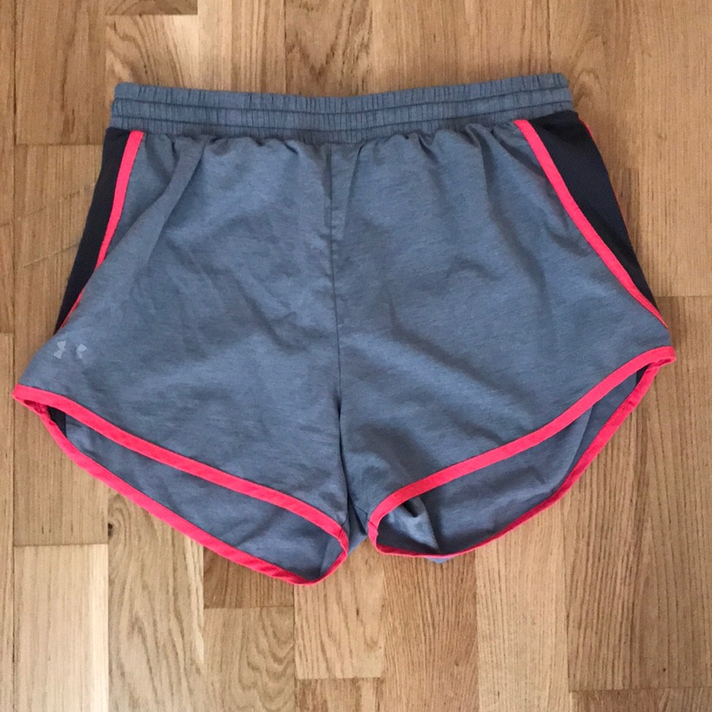 Grey, pink, and black under-armour shorts